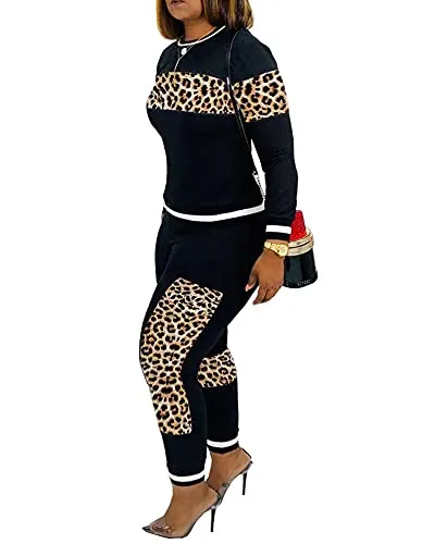 Alunzoem Womens Casual 2 Piece Outfits, Leopard Print Long Sleeve Top Pants Set Tracksuits Black S