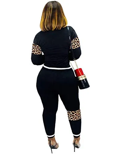 Alunzoem Womens Casual 2 Piece Outfits, Leopard Print Long Sleeve Top Pants Set Tracksuits Black S
