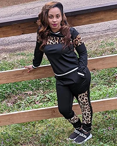 Alunzoem Womens Casual 2 Piece Outfits, Leopard Print Long Sleeve Top Pants Set Tracksuits Black S