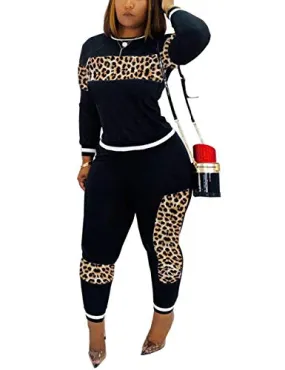 Alunzoem Womens Casual 2 Piece Outfits, Leopard Print Long Sleeve Top Pants Set Tracksuits Black S