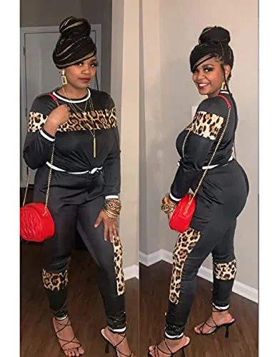 Alunzoem Womens Casual 2 Piece Outfits, Leopard Print Long Sleeve Top Pants Set Tracksuits Black S