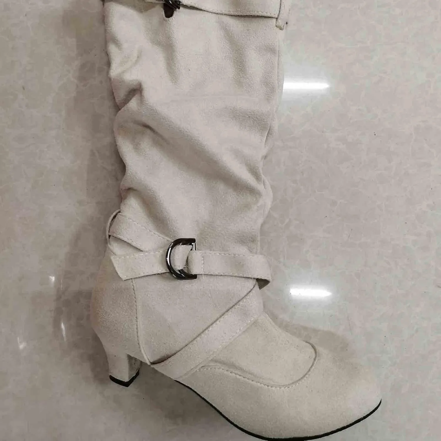 Ankle Boots For Women Suede Cross Belt Thigh High Boots Low Heeled Pull On Knee High Boots Mid Calf Bootie