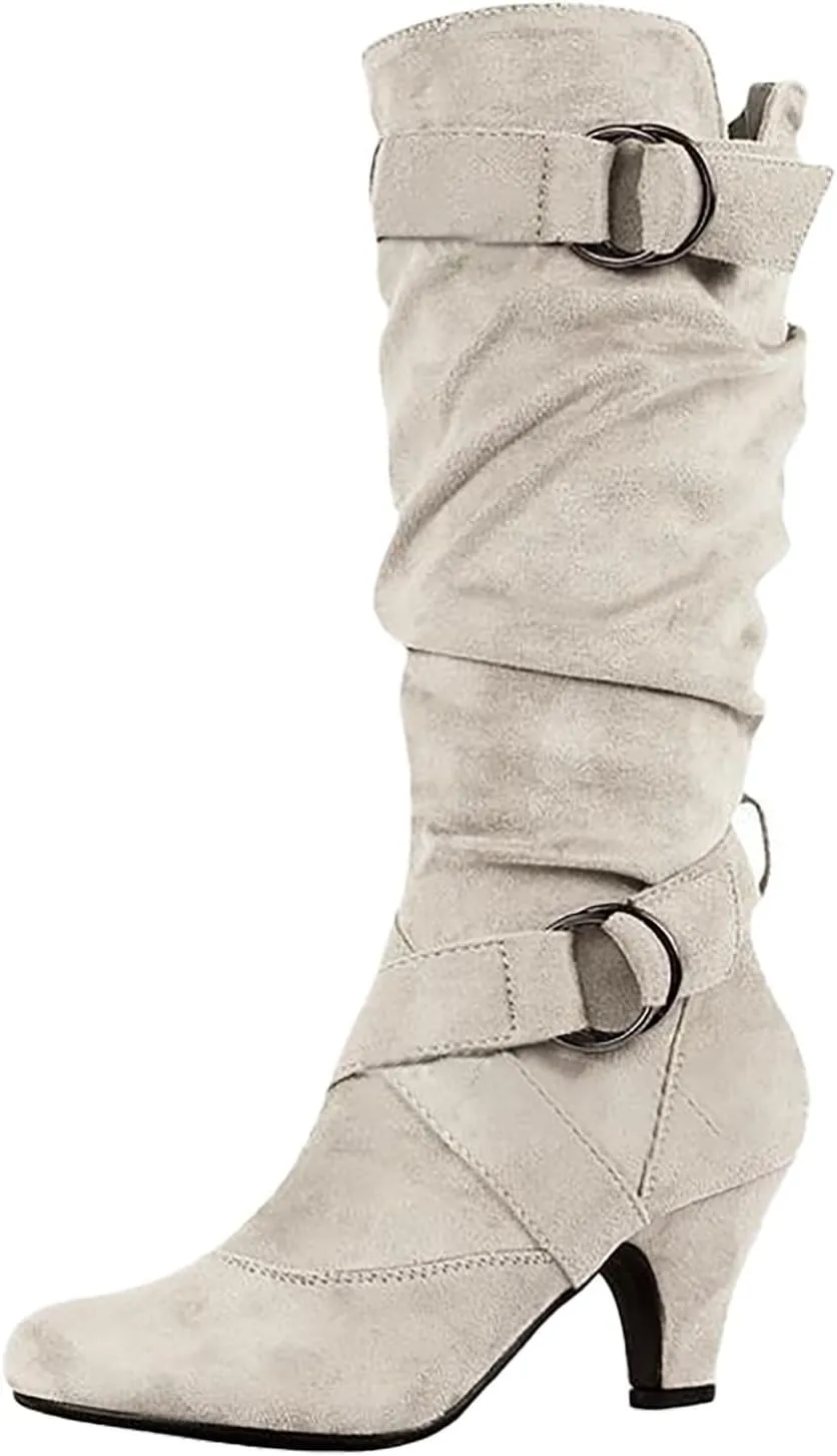 Ankle Boots For Women Suede Cross Belt Thigh High Boots Low Heeled Pull On Knee High Boots Mid Calf Bootie