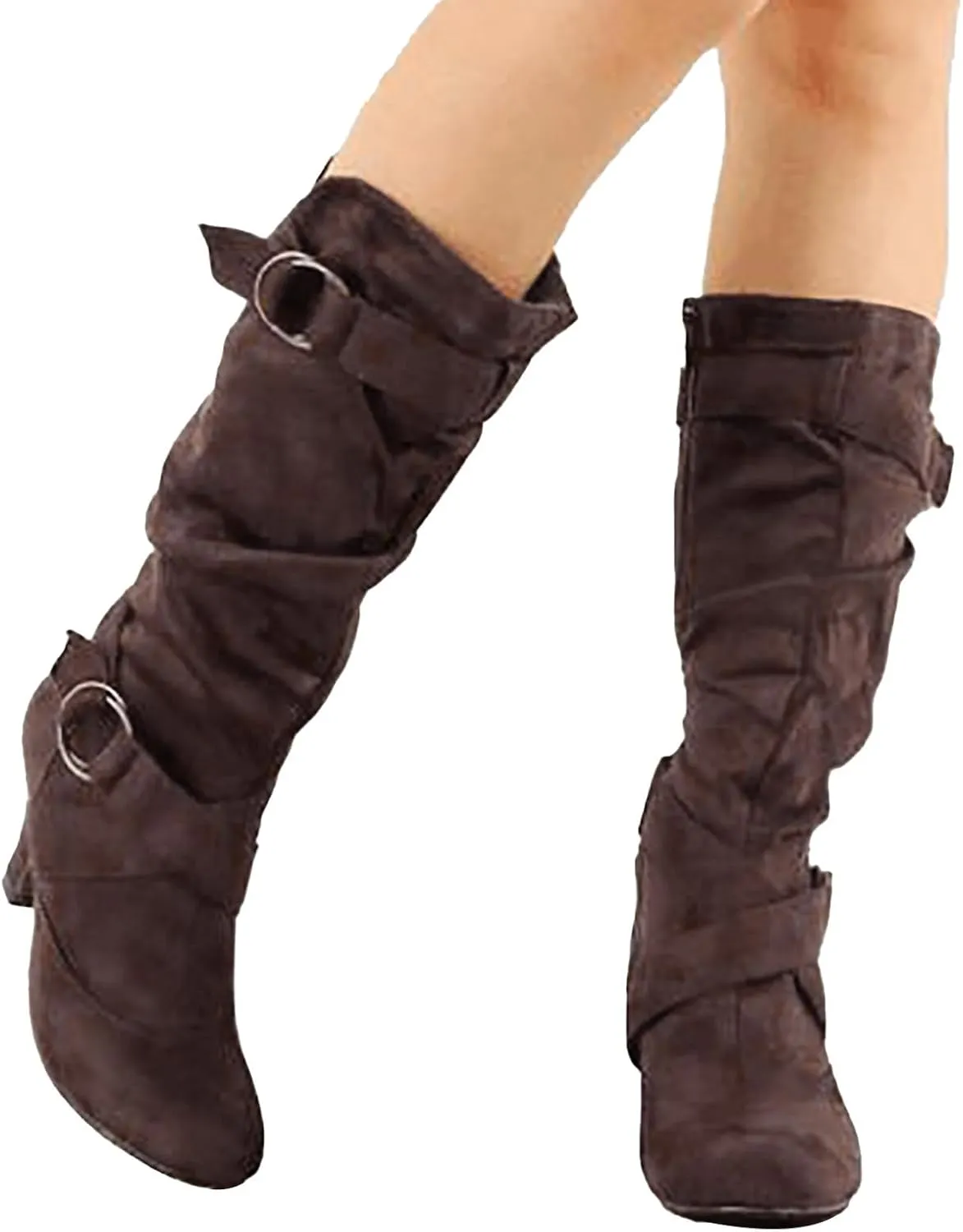 Ankle Boots For Women Suede Cross Belt Thigh High Boots Low Heeled Pull On Knee High Boots Mid Calf Bootie