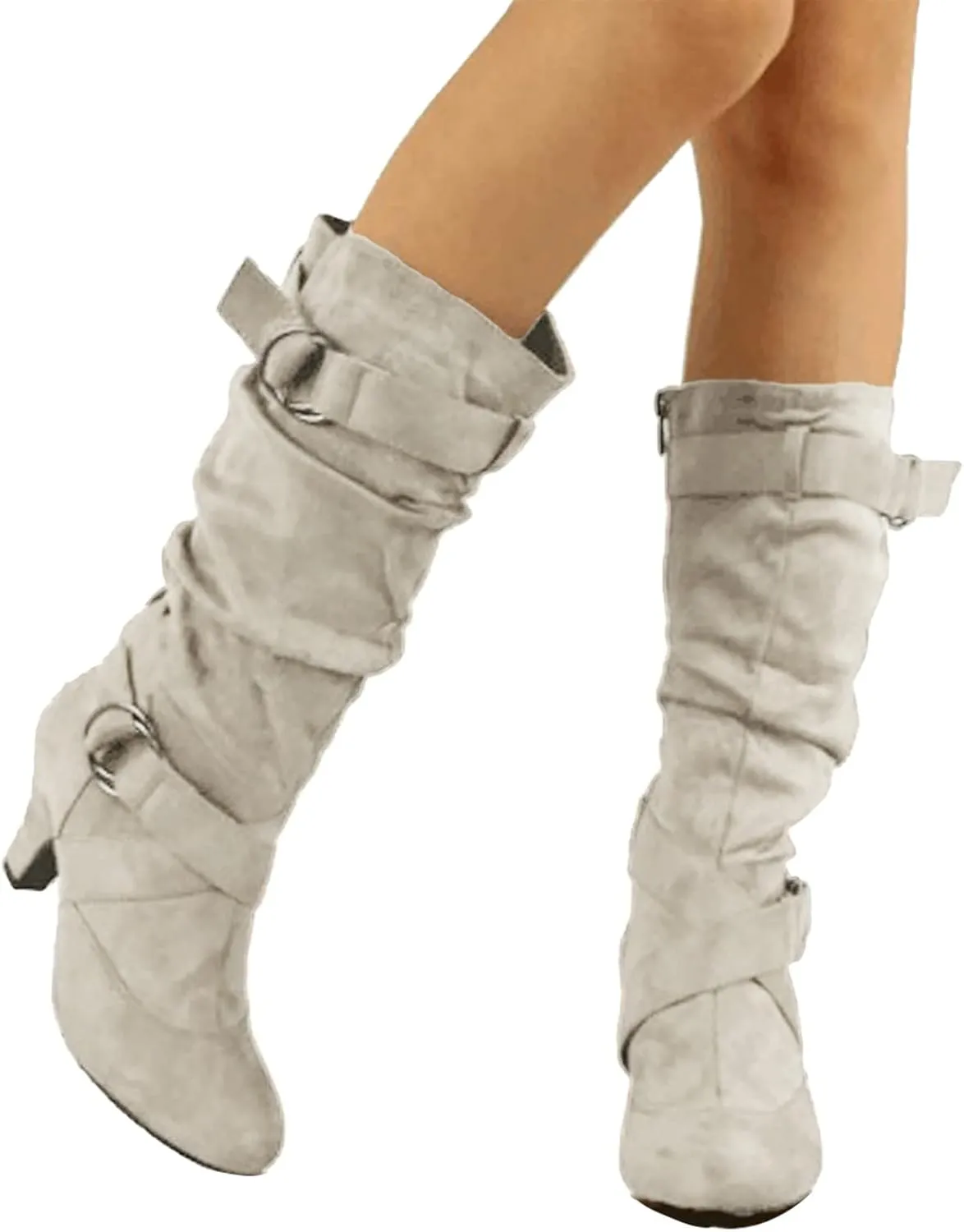 Ankle Boots For Women Suede Cross Belt Thigh High Boots Low Heeled Pull On Knee High Boots Mid Calf Bootie