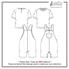 Baby Boys 2 pieces Overall and T-Shirt Set Fashion Flat Sketches / Kids Fashion Technical Drawings