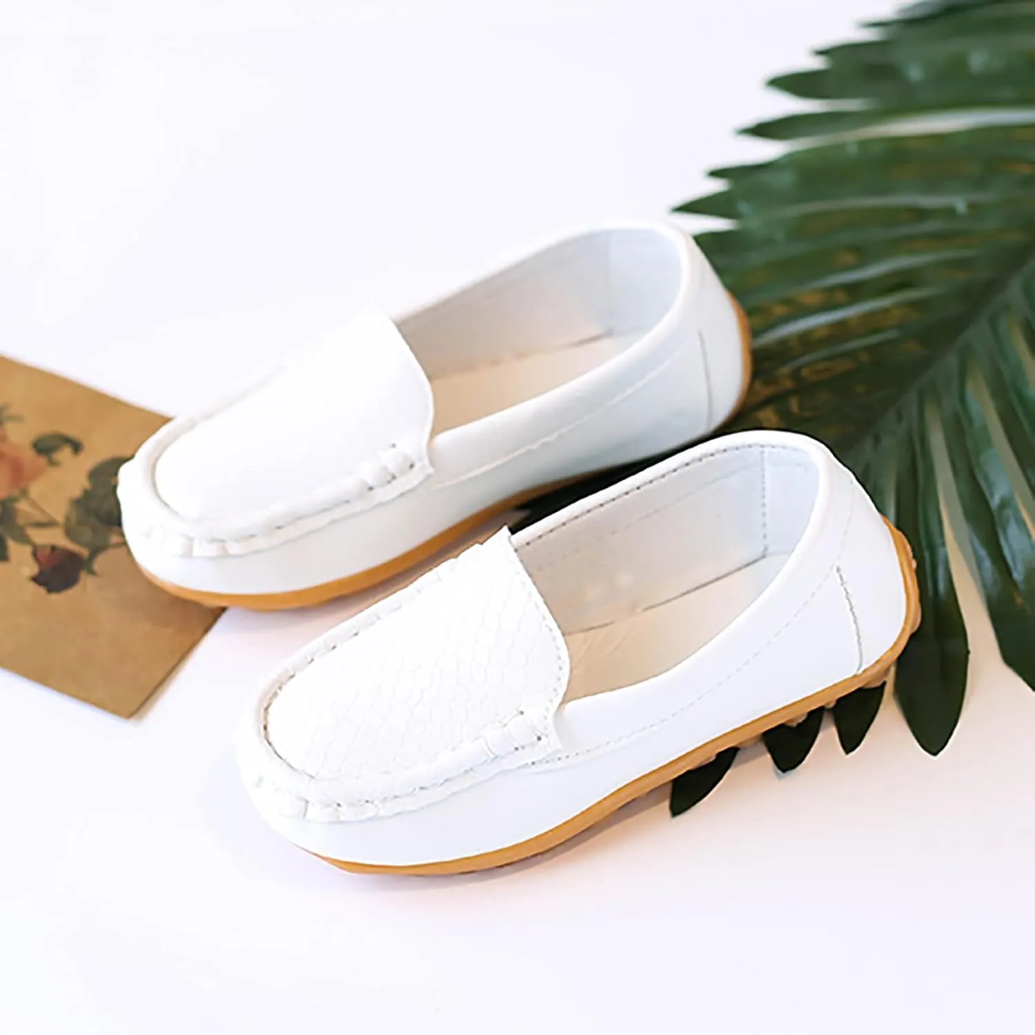 Boys Girls Leather Loafers Soft Slip-On Texture Flat𝘀 Boat Dress 𝗠occasin Schooling Daily Casual Walking Shoes