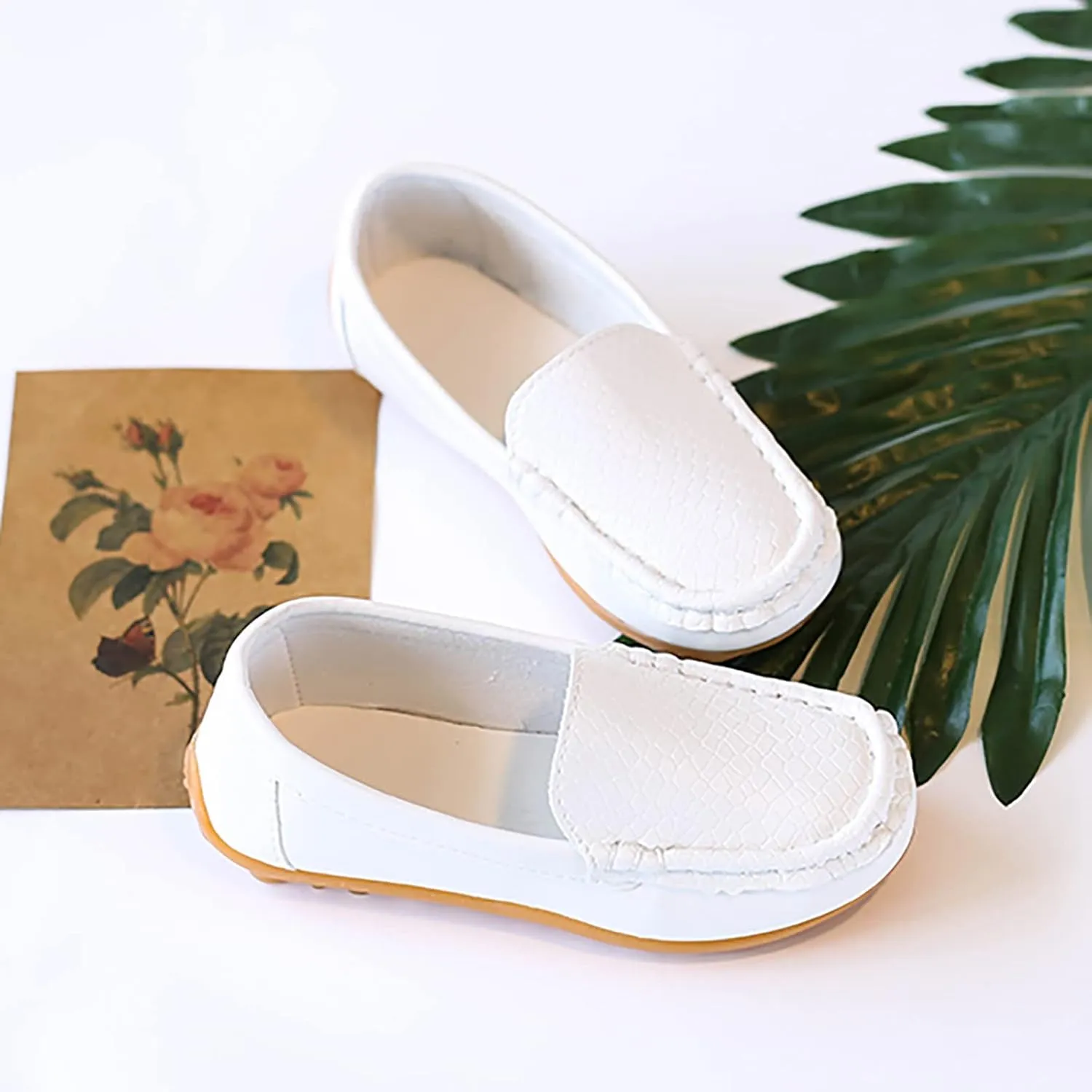 Boys Girls Leather Loafers Soft Slip-On Texture Flat𝘀 Boat Dress 𝗠occasin Schooling Daily Casual Walking Shoes