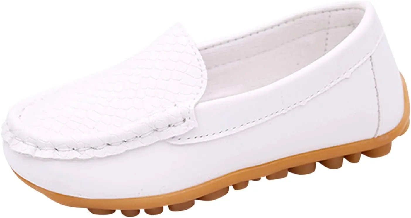 Boys Girls Leather Loafers Soft Slip-On Texture Flat𝘀 Boat Dress 𝗠occasin Schooling Daily Casual Walking Shoes
