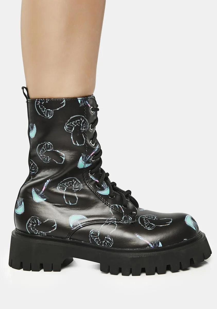Chrome Shrooms Lace-Up Combat Boots
