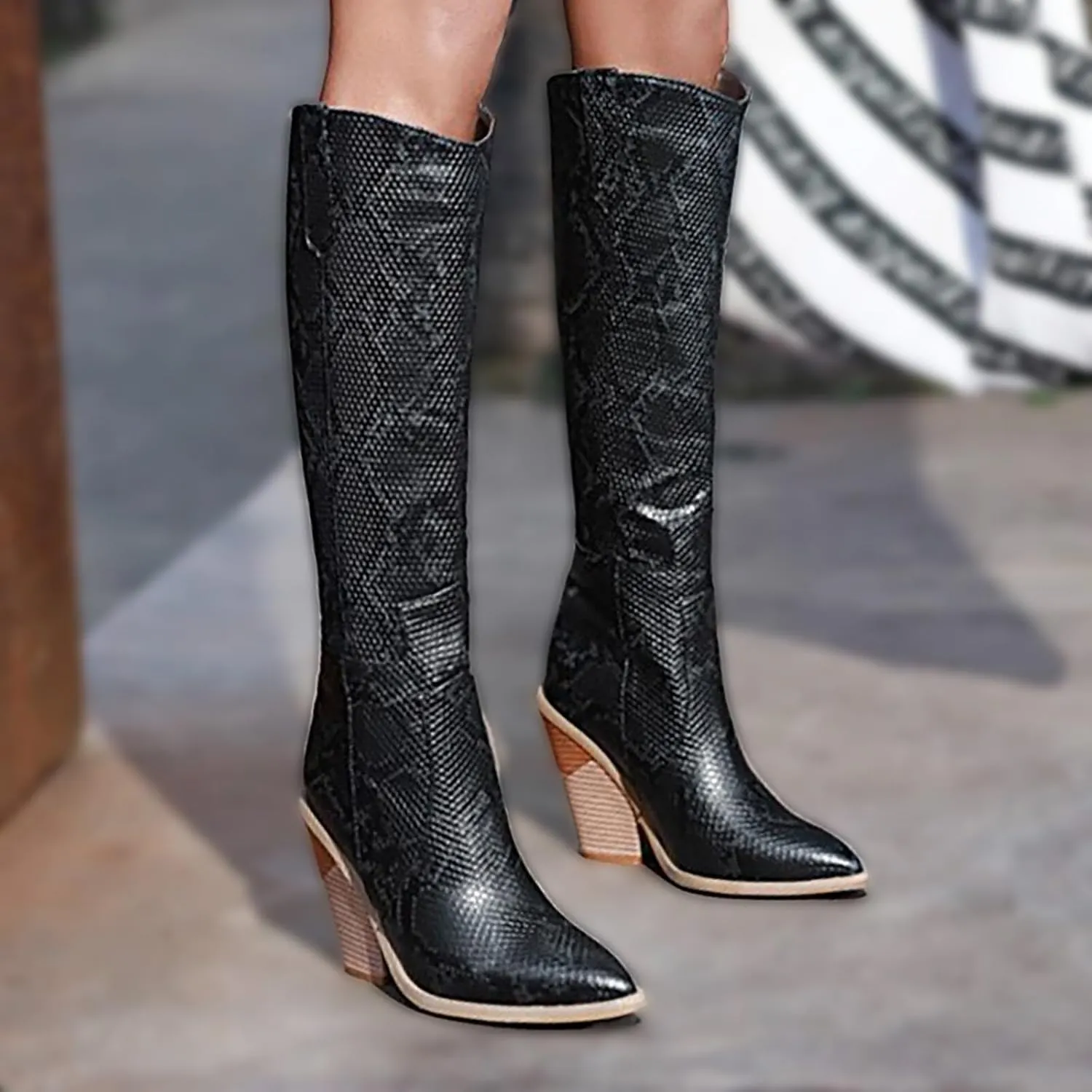 Combat Boots Womens Python Pattern Thigh High Boots Pointed Chunky Heels Knee High Boots Tall Long Bootie