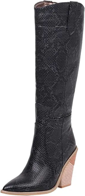 Combat Boots Womens Python Pattern Thigh High Boots Pointed Chunky Heels Knee High Boots Tall Long Bootie