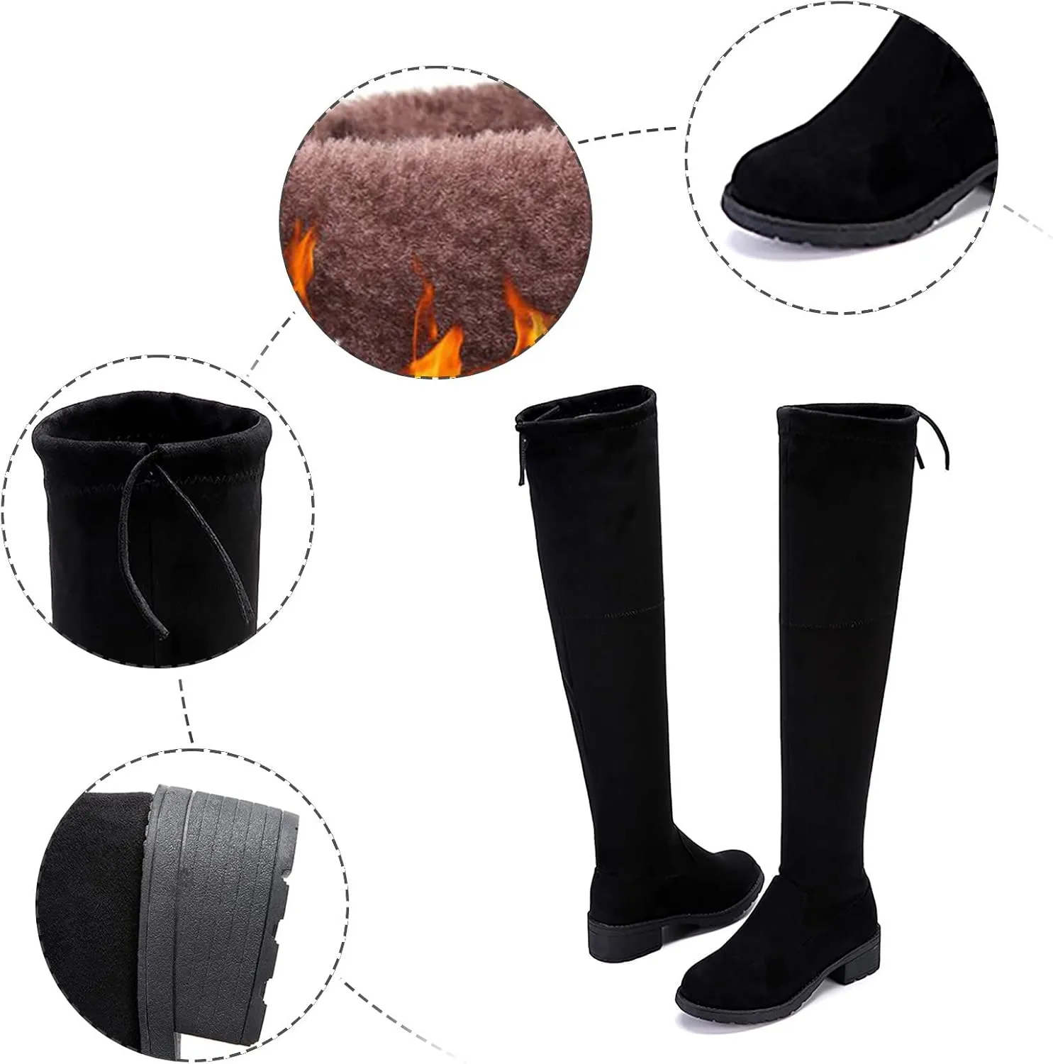 Combat Boots Womens Strap Back Over Knee Boots Suede Long Boots Comfort Chunky Heels Thigh High Dress Boots
