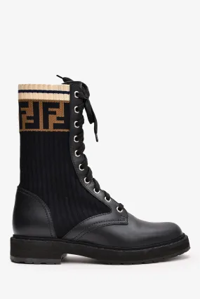Fendi Black Leather Zucca Stretch Knit Combat Boots Size 35