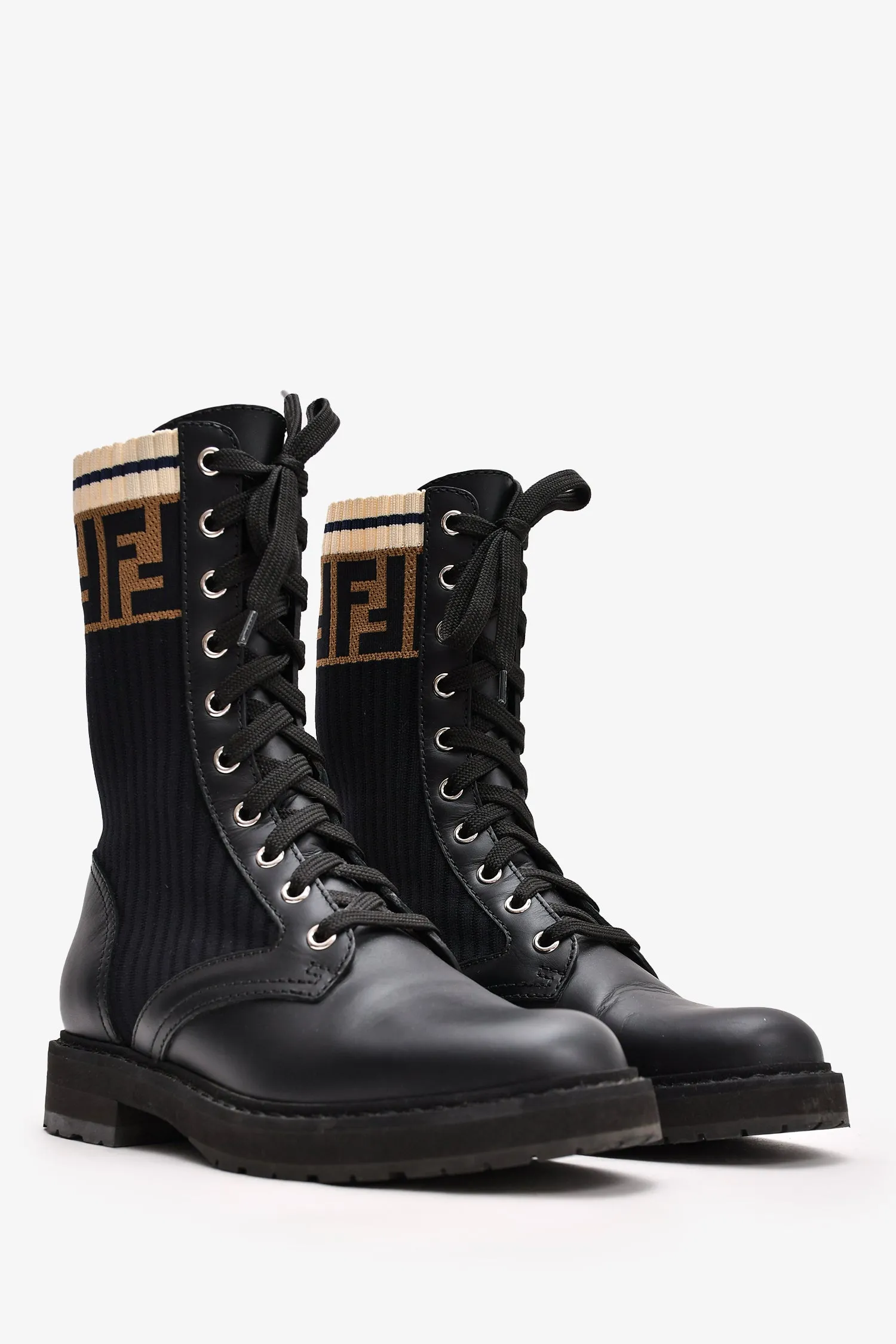 Fendi Black Leather Zucca Stretch Knit Combat Boots Size 35