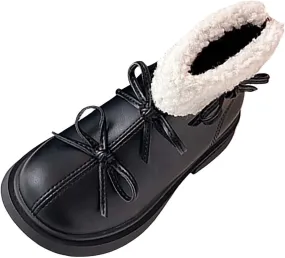 Girl Snow Boots Lace Up Plush Lined Slip On Shoes Leather Winter Walking Shoes Non Slip Round Toe Ankle Boots