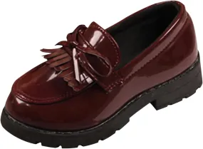 Girls Slip On Leather Loafer Tassel Bow Flats School Dress Shoes for Girls No Choirboy (Wine, 24)