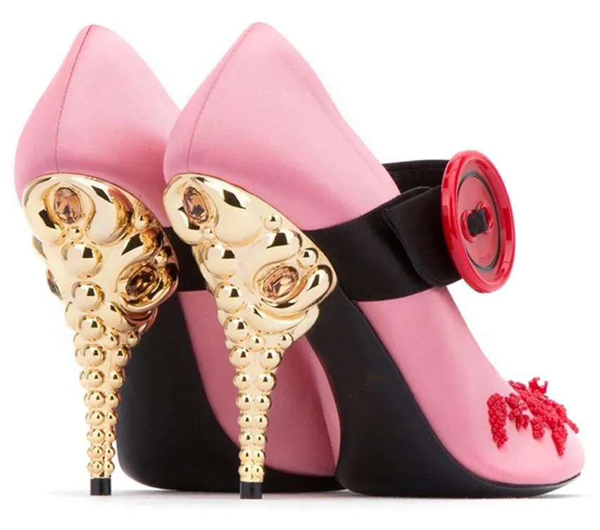 Jeweled-Heel Satin Mary Jane Pumps - Pink, Teal/Blue, Red