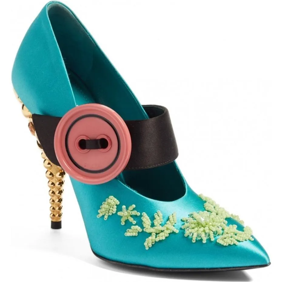 Jeweled-Heel Satin Mary Jane Pumps - Pink, Teal/Blue, Red
