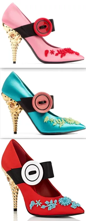 Jeweled-Heel Satin Mary Jane Pumps - Pink, Teal/Blue, Red