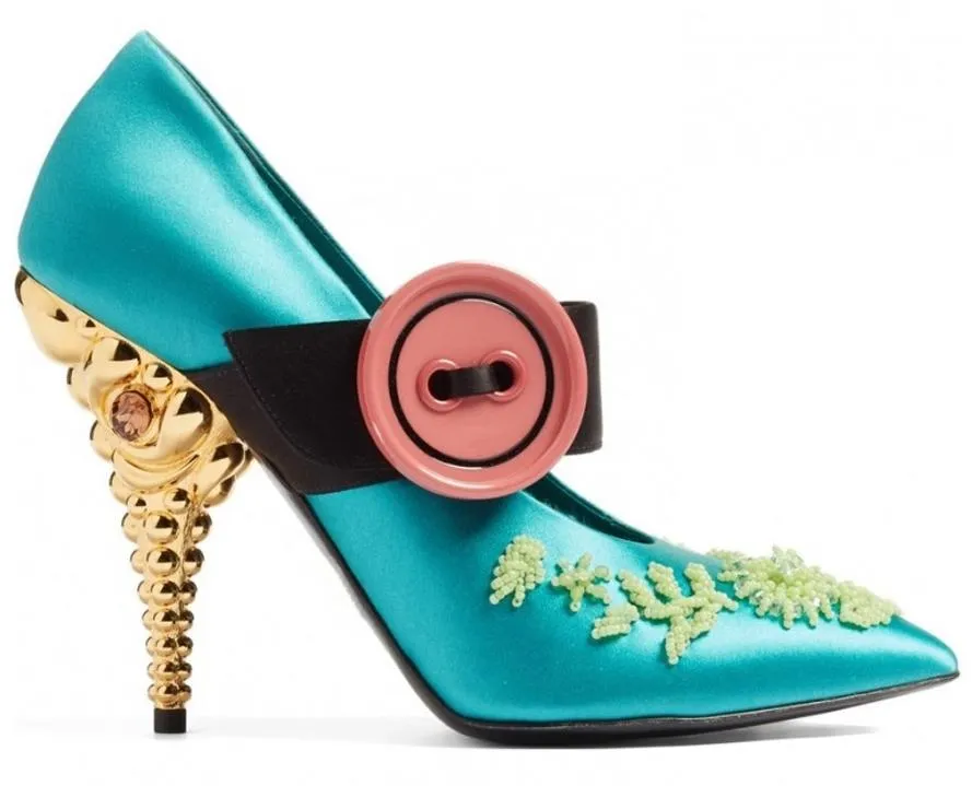 Jeweled-Heel Satin Mary Jane Pumps - Pink, Teal/Blue, Red