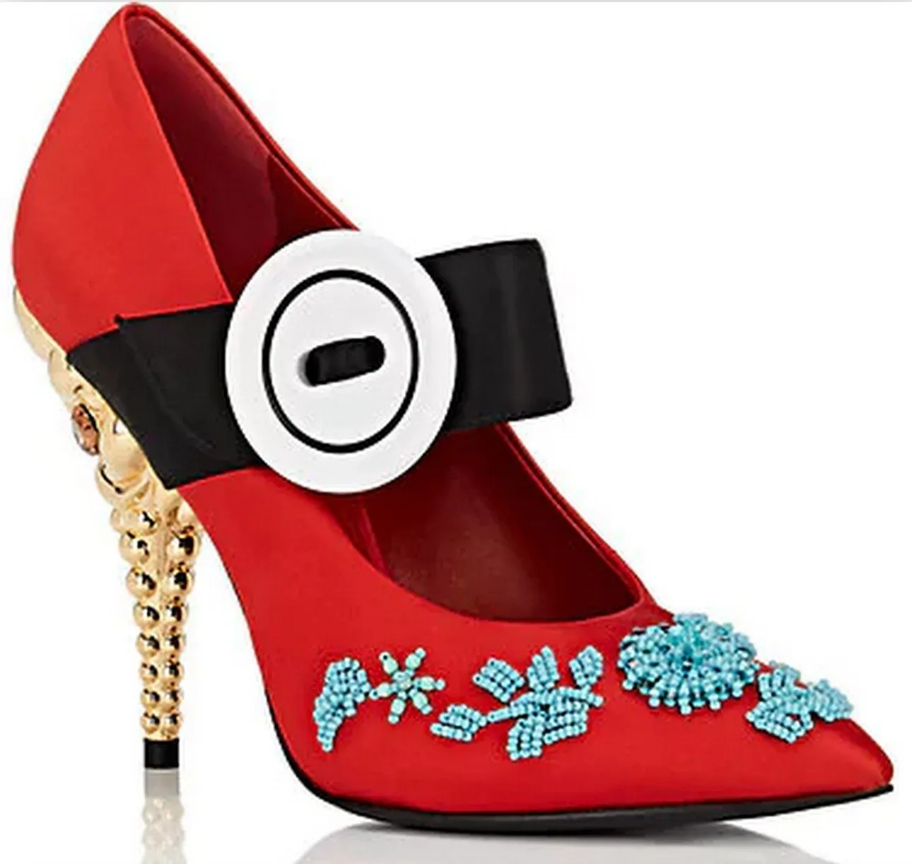 Jeweled-Heel Satin Mary Jane Pumps - Pink, Teal/Blue, Red