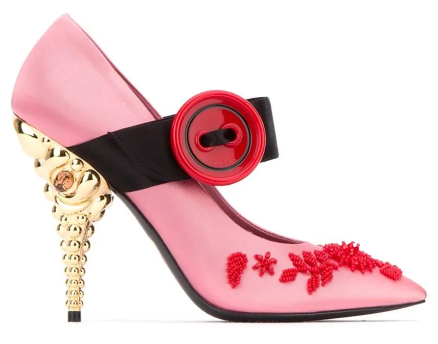 Jeweled-Heel Satin Mary Jane Pumps - Pink, Teal/Blue, Red