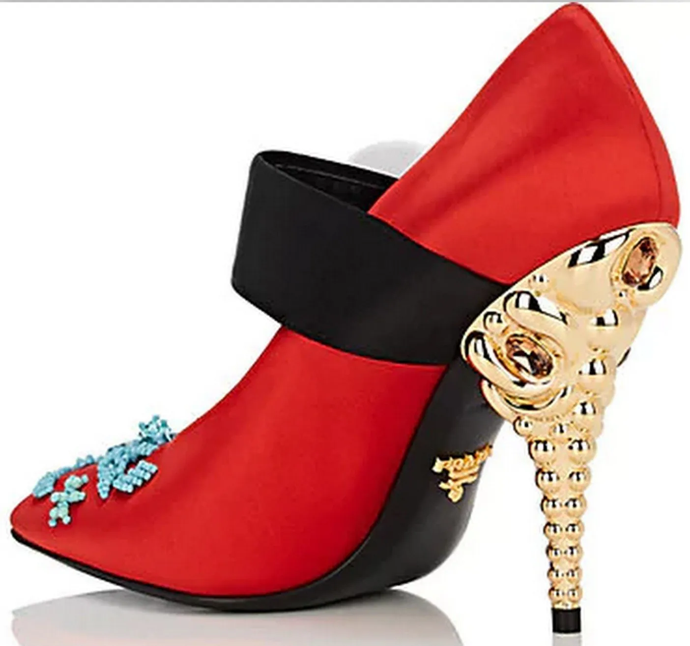 Jeweled-Heel Satin Mary Jane Pumps - Pink, Teal/Blue, Red