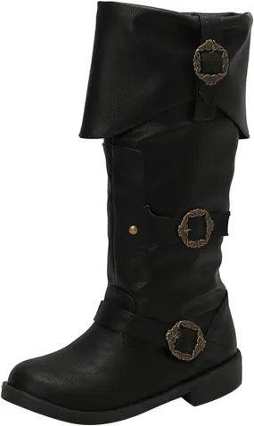 Mid Calf Boots for Women Vintage Foldover Pirate Costume Boots Goth Buckle Strap Leather Boots Stylish Cosplay Shoes