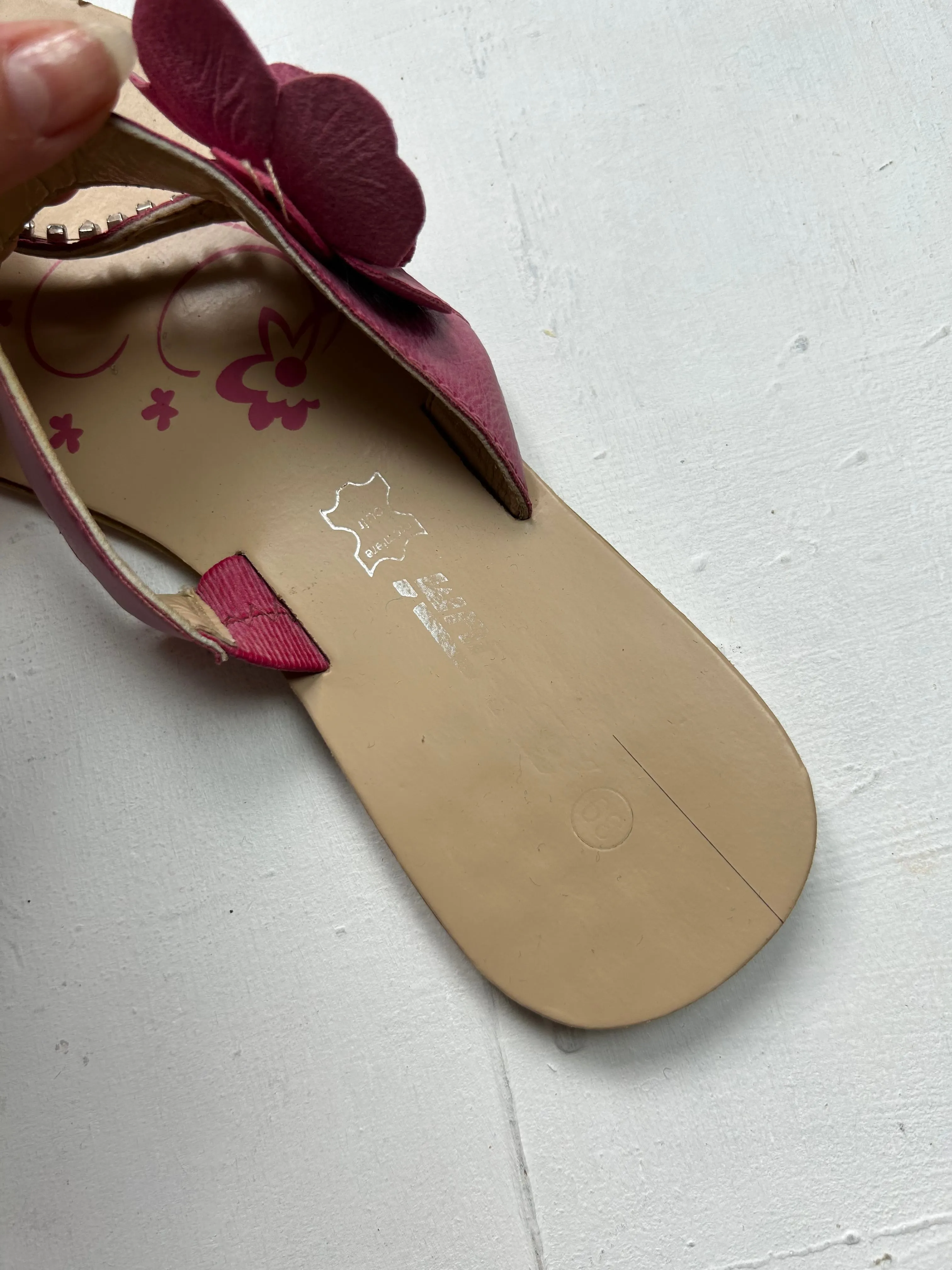 Pink flower appliquée summer flip flop leather shoes (39)