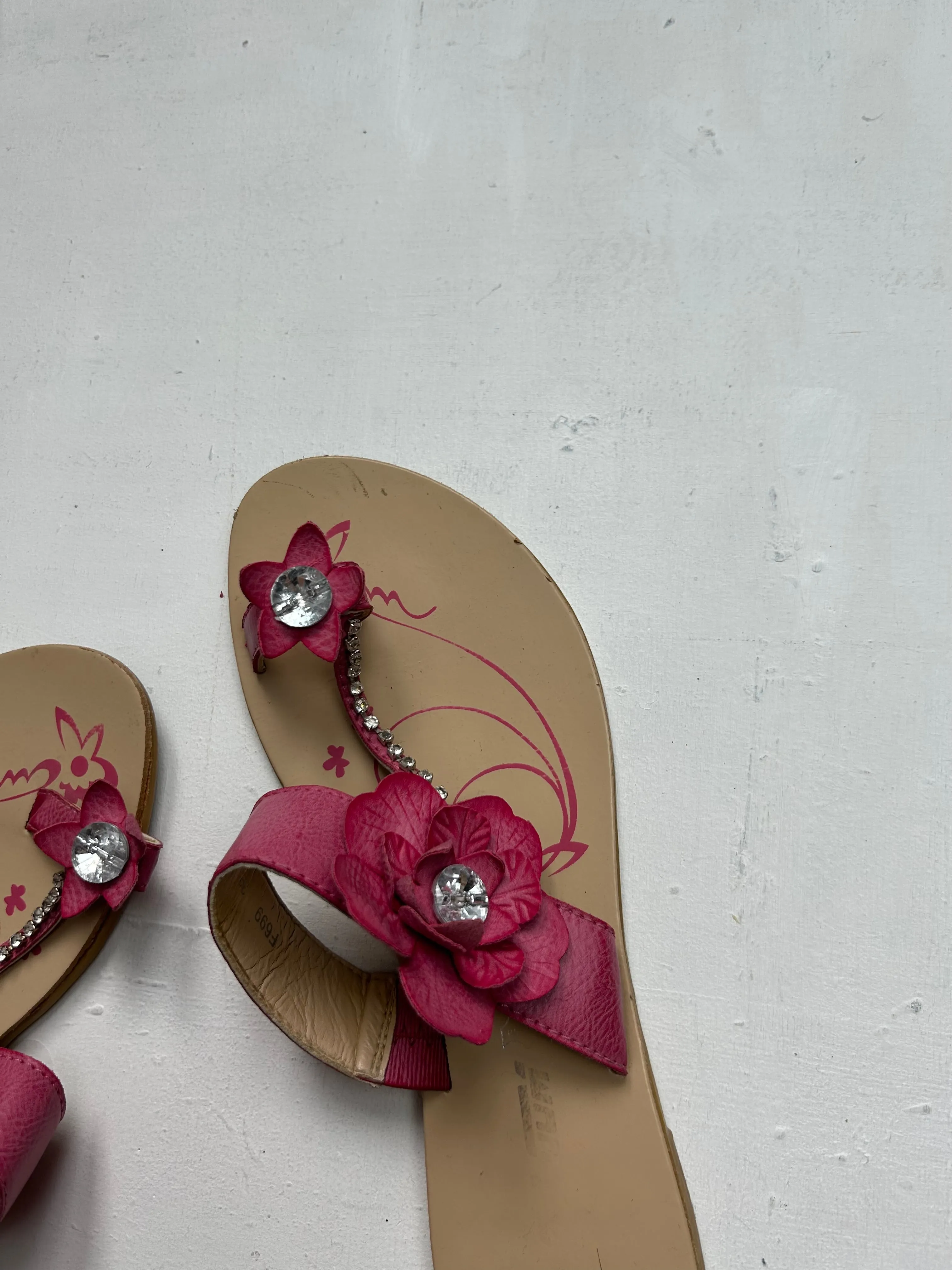 Pink flower appliquée summer flip flop leather shoes (39)