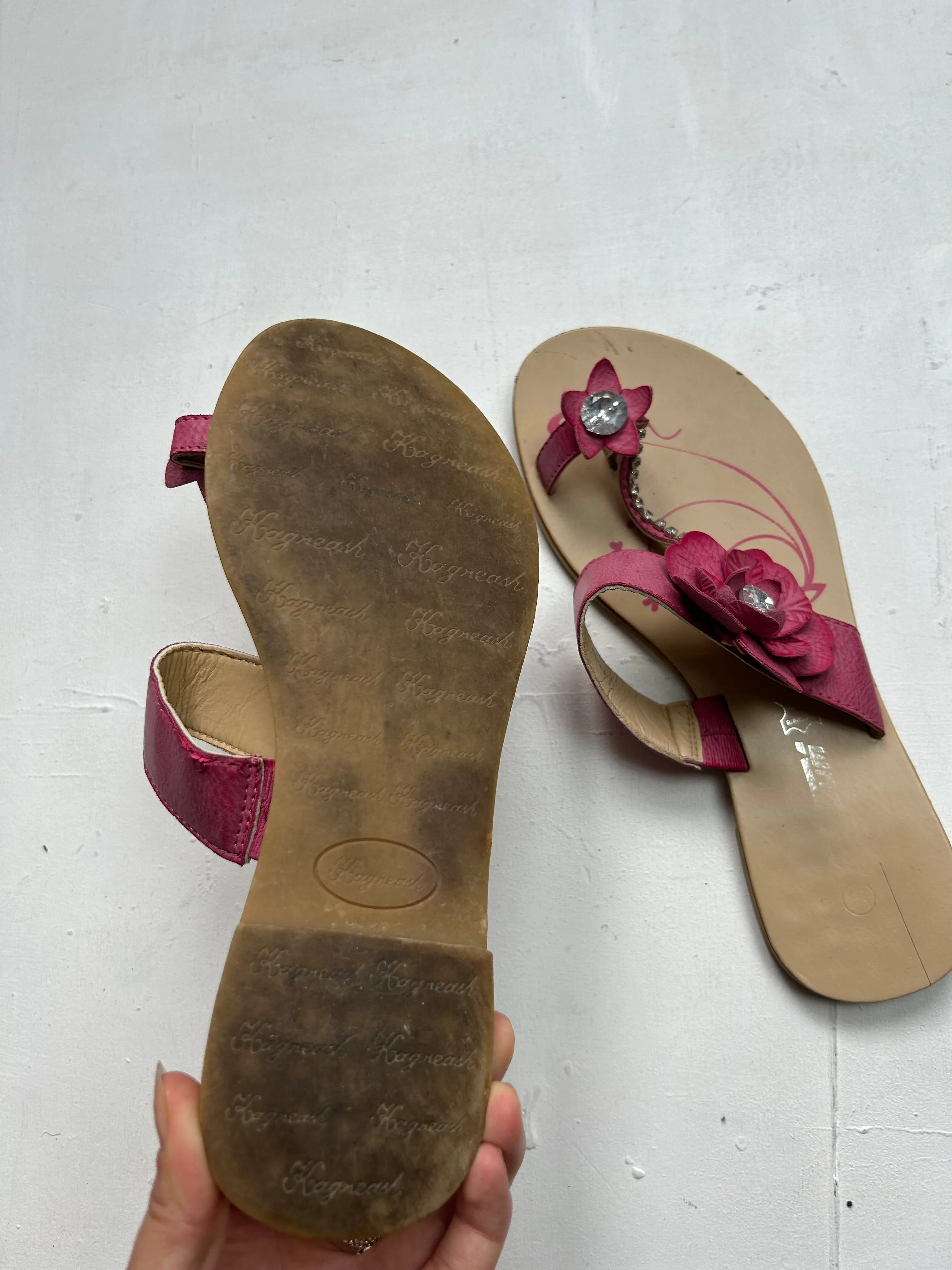 Pink flower appliquée summer flip flop leather shoes (39)