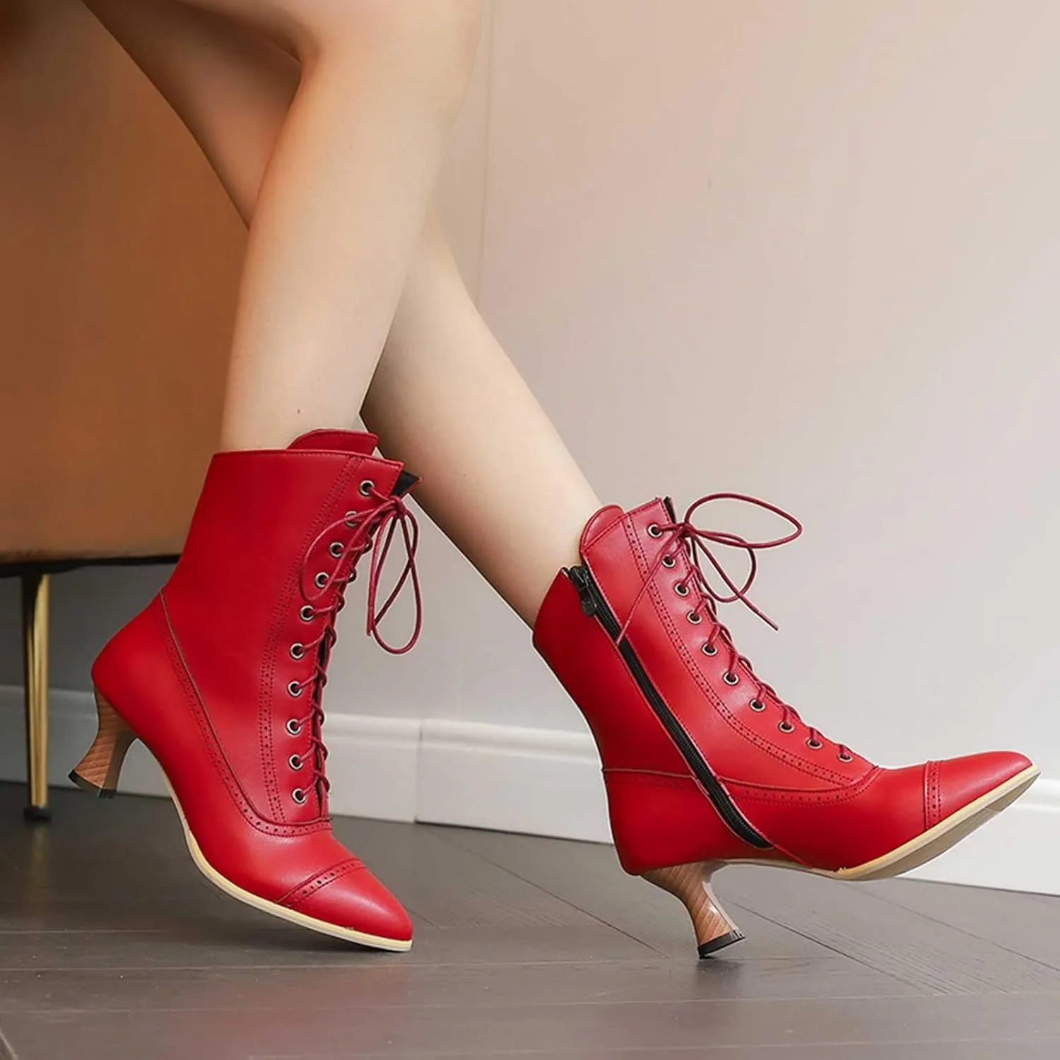 Platform Boots Women's British Pointed Solid Ankle Boots Low Slim Heels Lace-Up Combat Bootie For Lolita