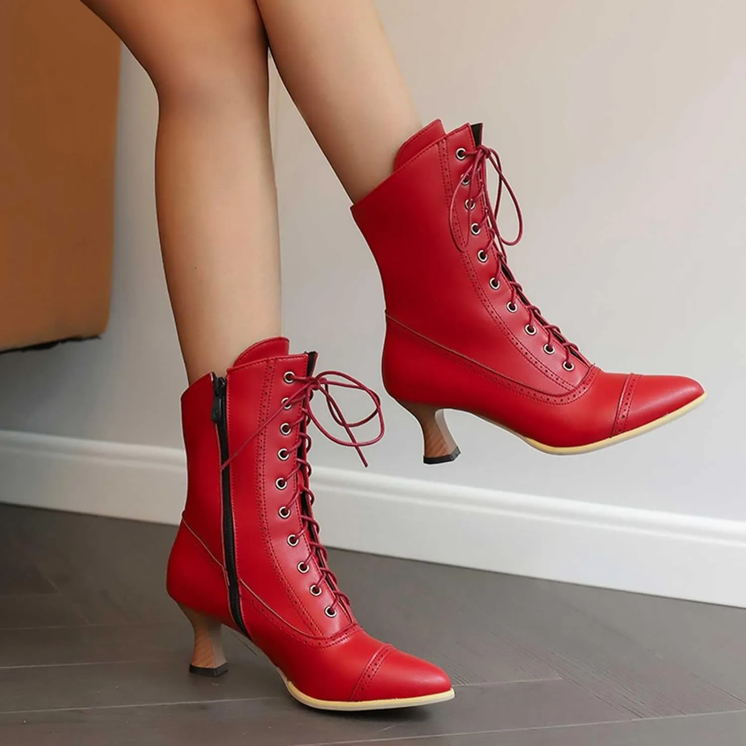 Platform Boots Women's British Pointed Solid Ankle Boots Low Slim Heels Lace-Up Combat Bootie For Lolita