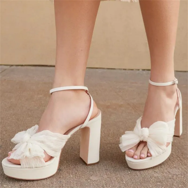 PU Leather Bow Decor Buckle Platform Block High Heel Sandals