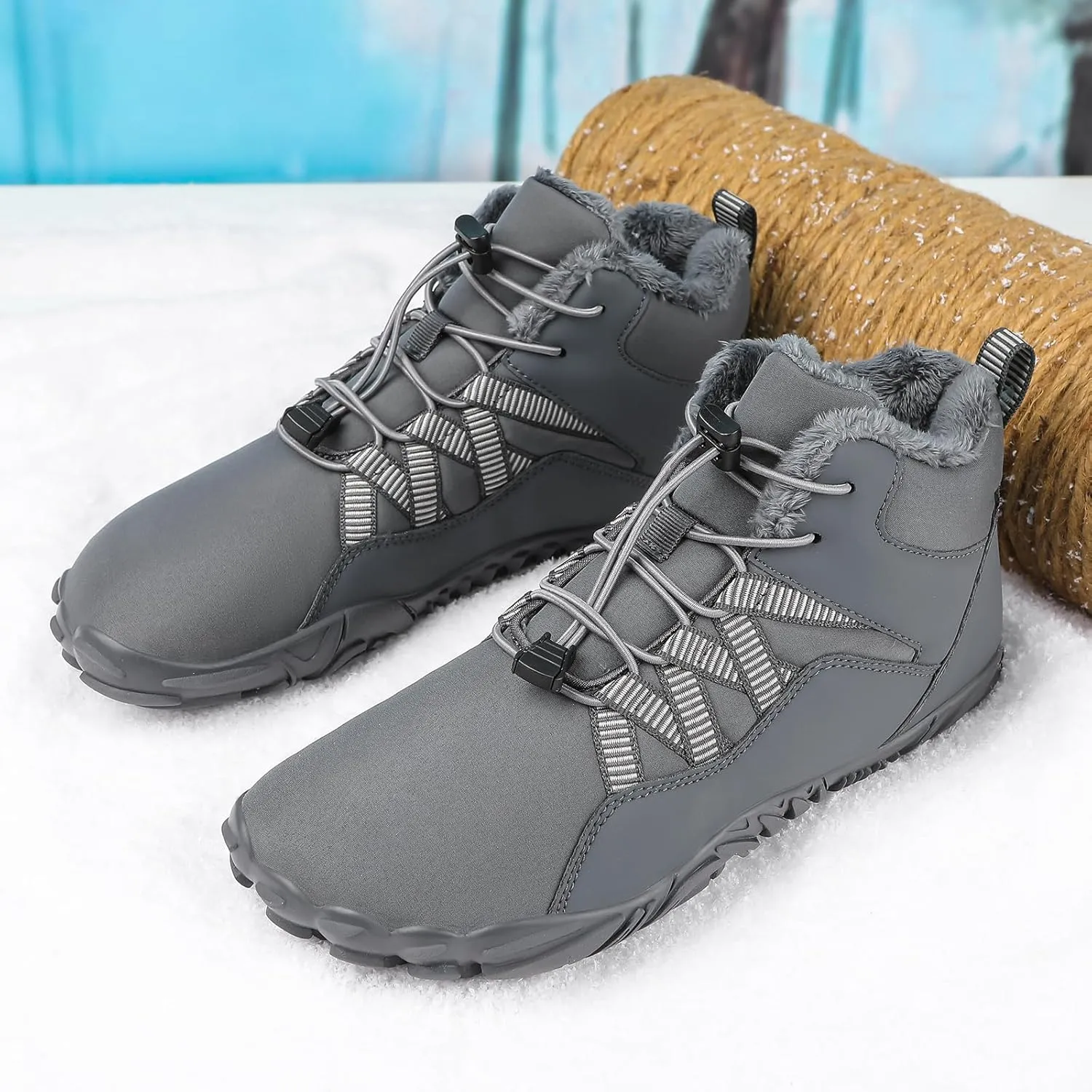 Snow Boots for Women&Men Winter Boots Barefoot Women's Men's Warm Faux Fur Lined Waterproof Snow Sneakers Wide Toe Box Zero Drop Ankle Booties Slip On Minimalist Barefoot Winter Casual Shoes