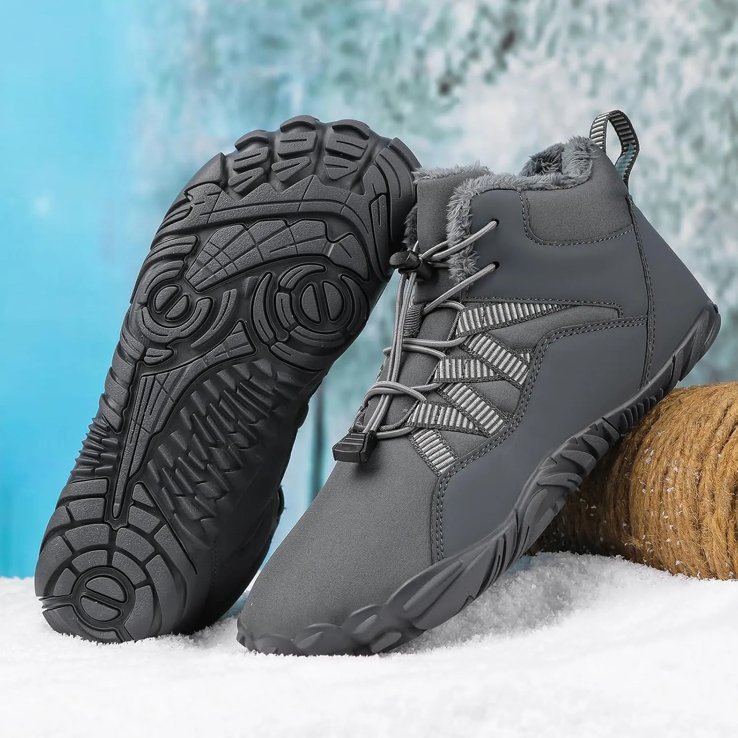 Snow Boots for Women&Men Winter Boots Barefoot Women's Men's Warm Faux Fur Lined Waterproof Snow Sneakers Wide Toe Box Zero Drop Ankle Booties Slip On Minimalist Barefoot Winter Casual Shoes