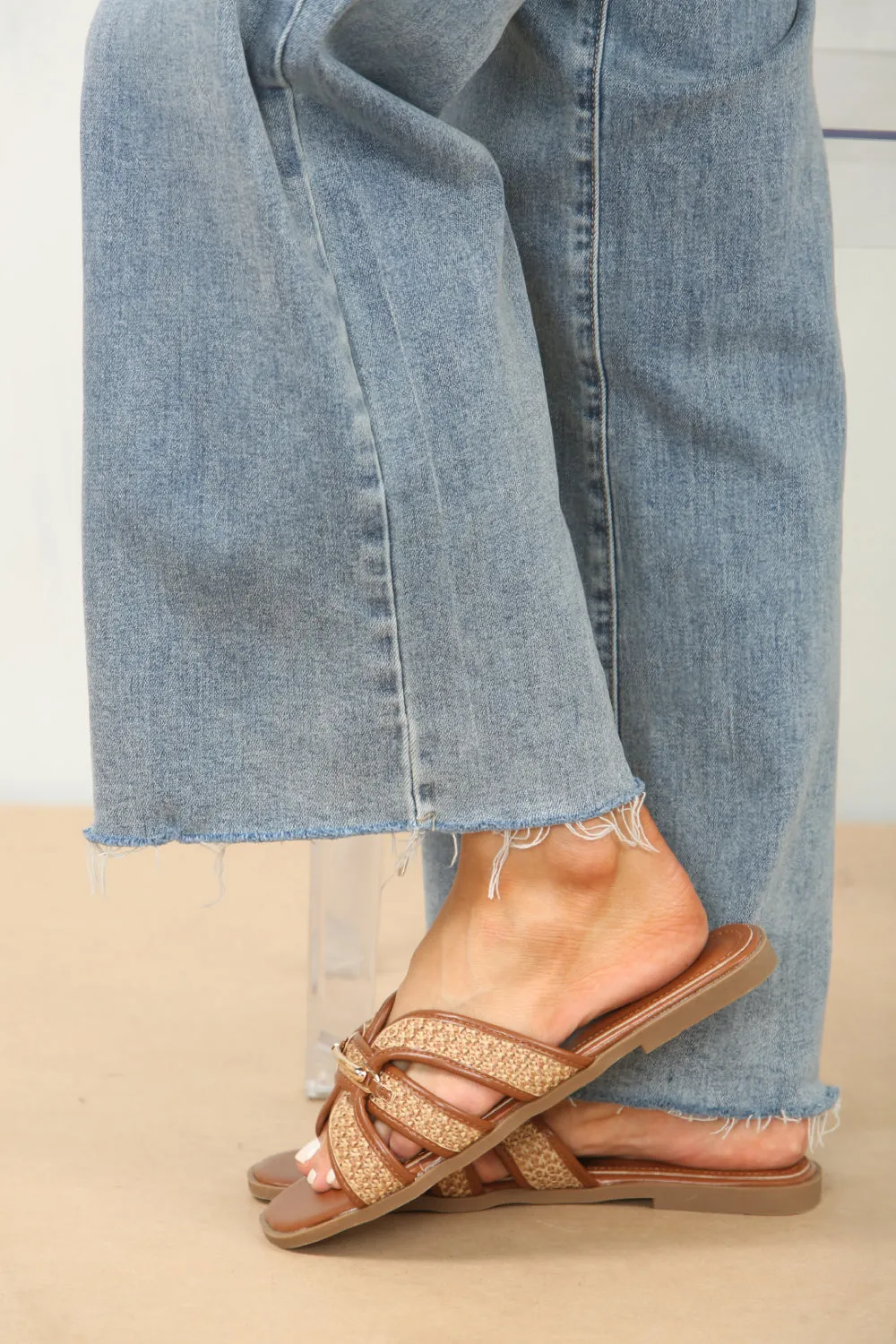 TAN DESIGNER TRIM DETAIL RAFFIA STRAP SANDALS