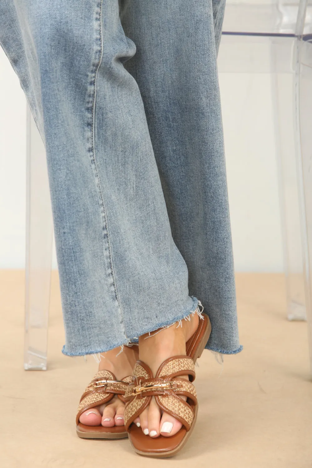 TAN DESIGNER TRIM DETAIL RAFFIA STRAP SANDALS