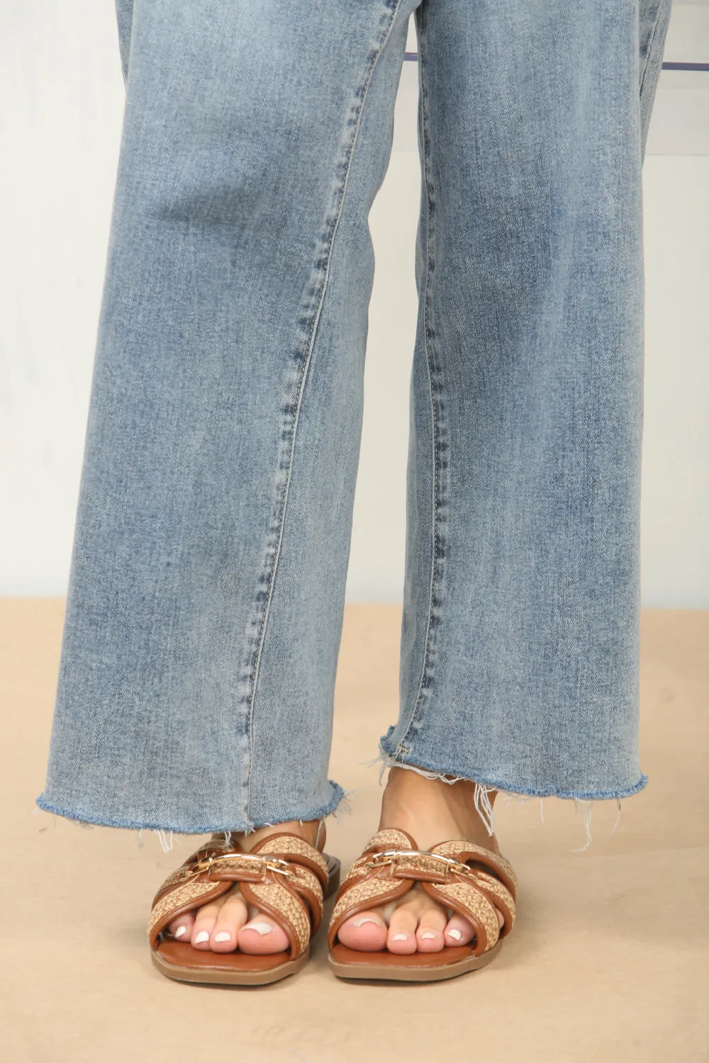 TAN DESIGNER TRIM DETAIL RAFFIA STRAP SANDALS