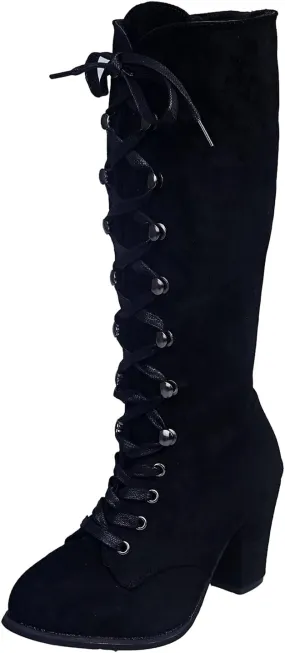White Cowgirl Boots Retro Vintage Lace-Up Thigh High Boots Suede Low Chunky Heels Knee High Long Boots