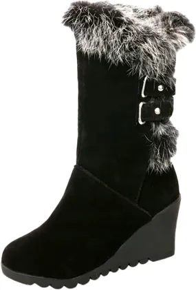 Winter Boots For Women Comfortable Velvet Wedge Boots Round Toe Suede Lug Sole Thigh High Boots Mid-Calf Boots
