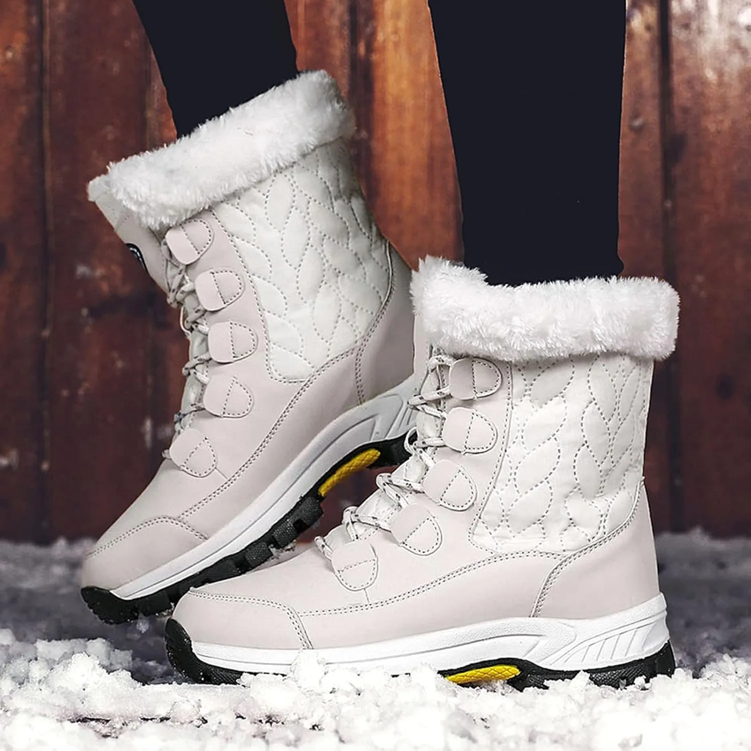 Winter Boots for Women Fur Lined Warm Snow Boots Waterproof Mid Calf Walking Boots Lace-Up Mid Calf Booties