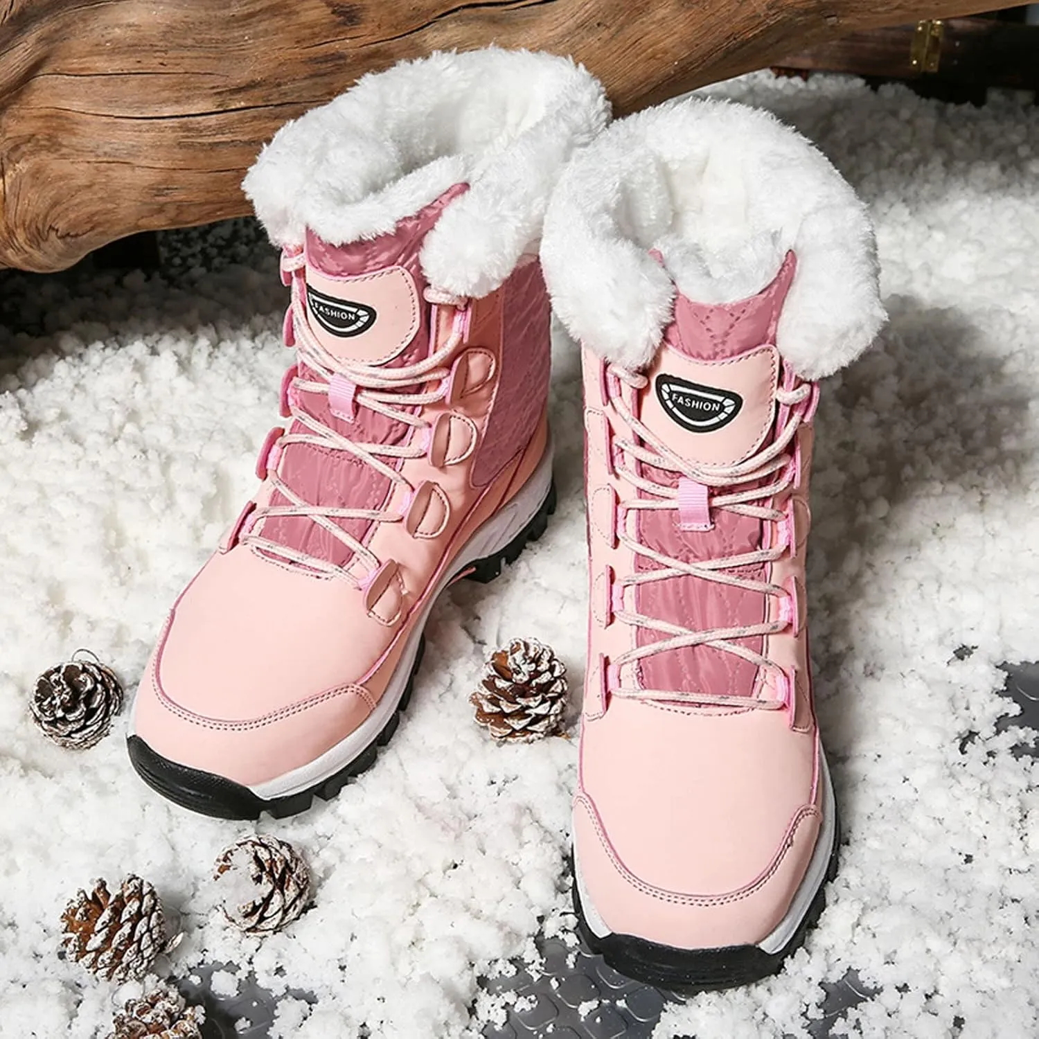 Winter Boots for Women Fur Lined Warm Snow Boots Waterproof Mid Calf Walking Boots Lace-Up Mid Calf Booties