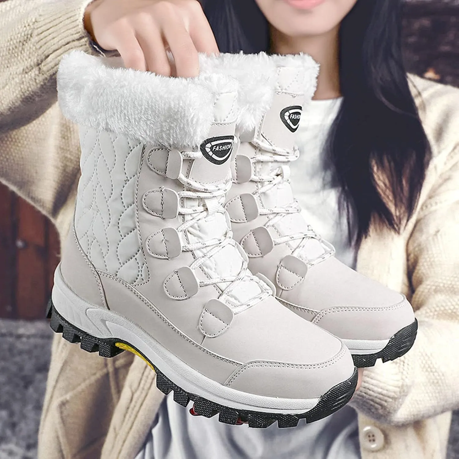 Winter Boots for Women Fur Lined Warm Snow Boots Waterproof Mid Calf Walking Boots Lace-Up Mid Calf Booties