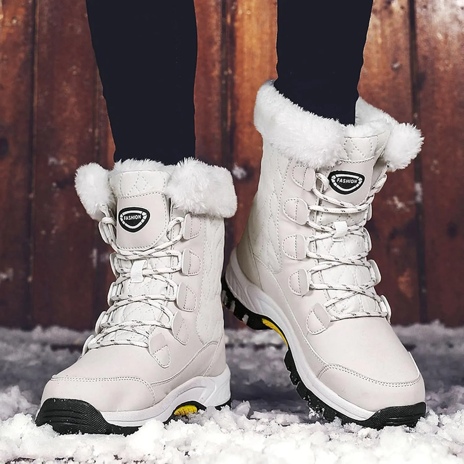 Winter Boots for Women Fur Lined Warm Snow Boots Waterproof Mid Calf Walking Boots Lace-Up Mid Calf Booties