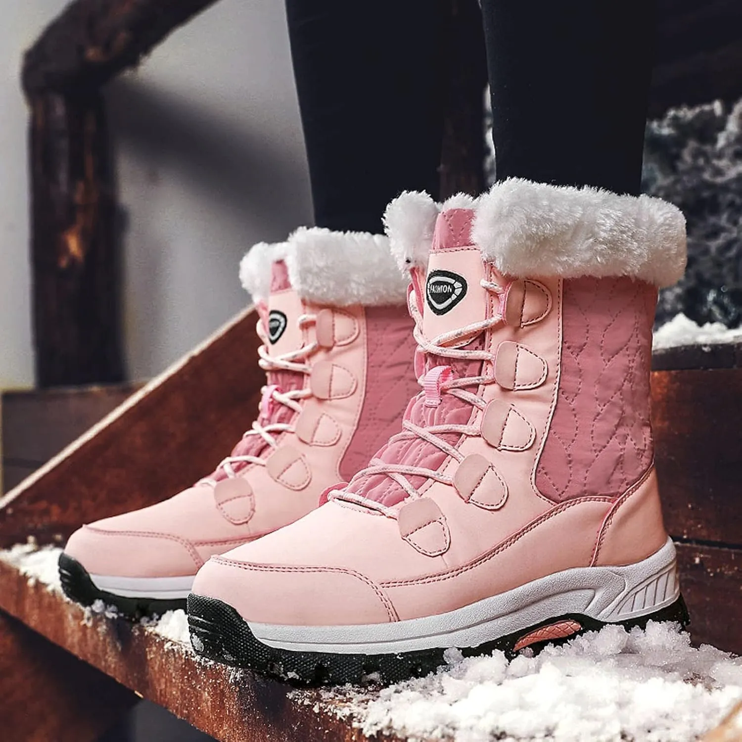 Winter Boots for Women Fur Lined Warm Snow Boots Waterproof Mid Calf Walking Boots Lace-Up Mid Calf Booties