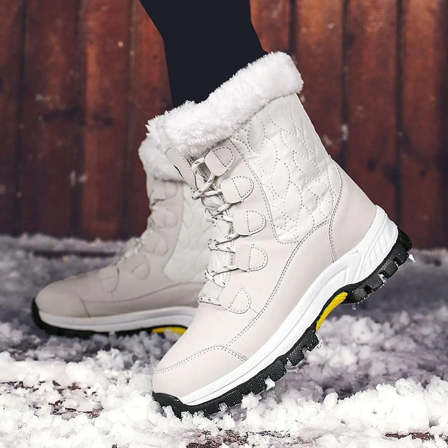 Winter Boots for Women Fur Lined Warm Snow Boots Waterproof Mid Calf Walking Boots Lace-Up Mid Calf Booties