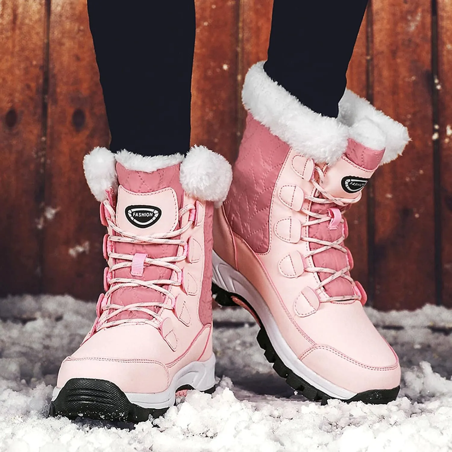 Winter Boots for Women Fur Lined Warm Snow Boots Waterproof Mid Calf Walking Boots Lace-Up Mid Calf Booties