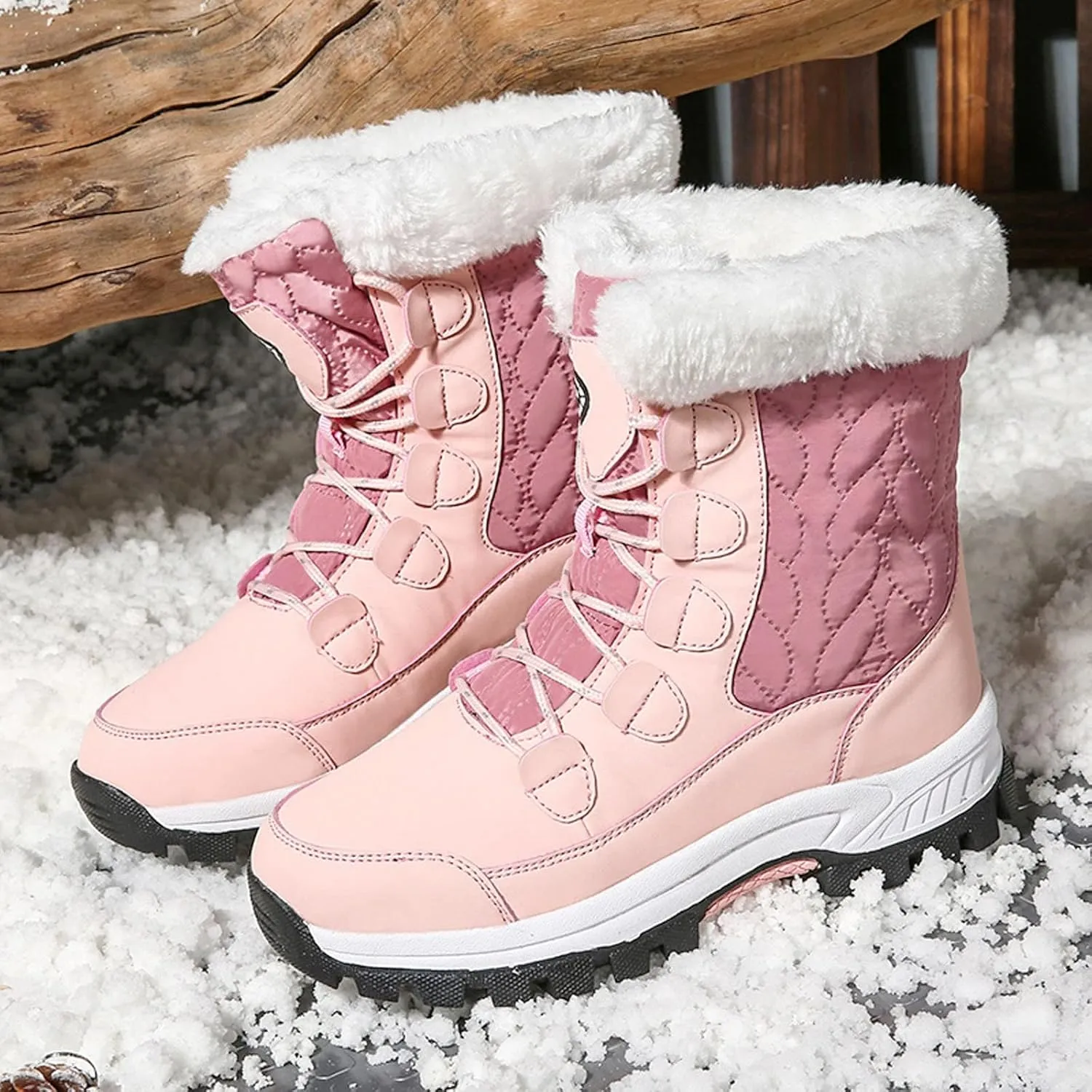 Winter Boots for Women Fur Lined Warm Snow Boots Waterproof Mid Calf Walking Boots Lace-Up Mid Calf Booties